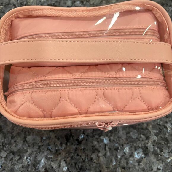 New Pink Quilted Heart Makeup Bag – Clear Top Travel Cosmetic Case - Picture 4 of 11